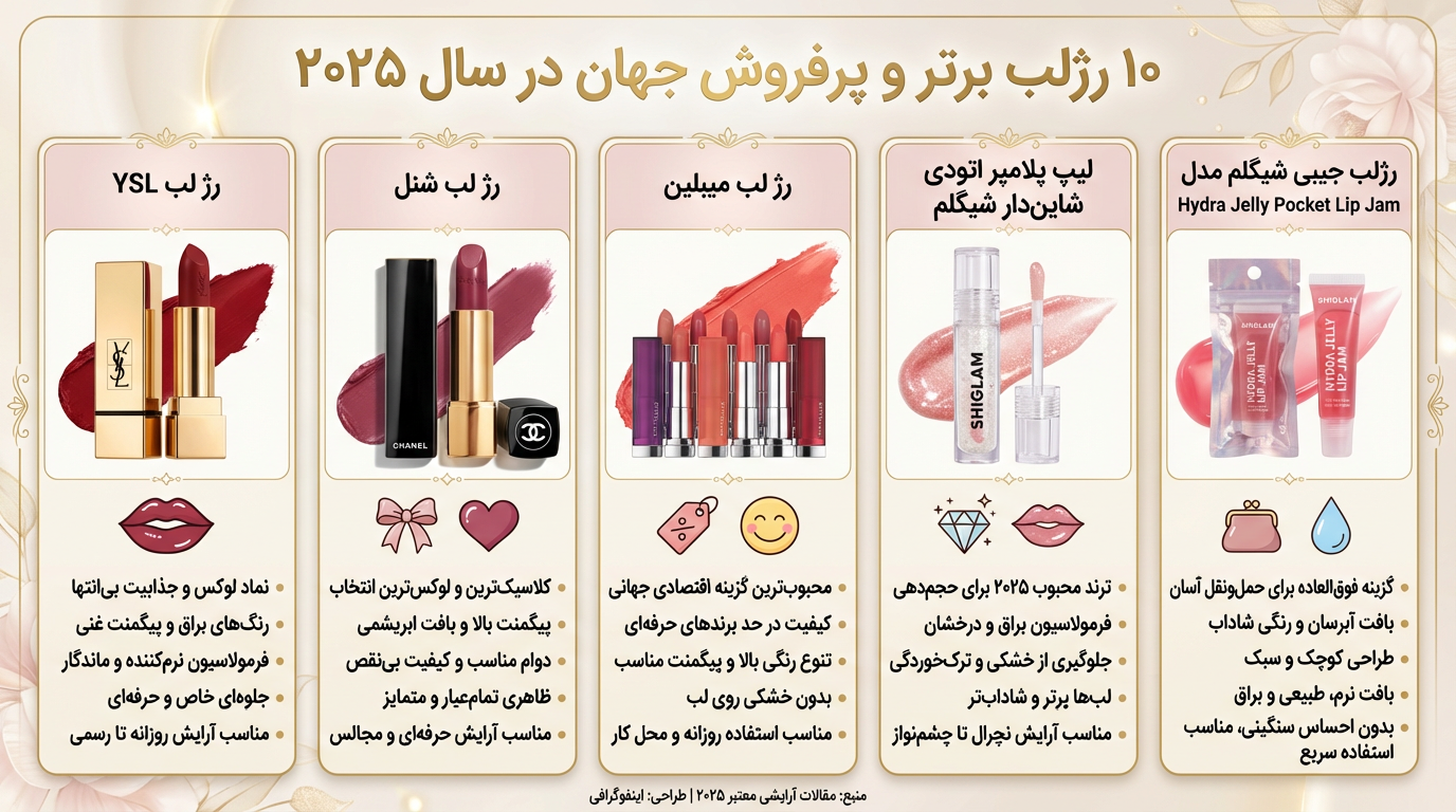 ۱۰ رژلب برتر و پرفروش جهان در سال ۲۰۲۵